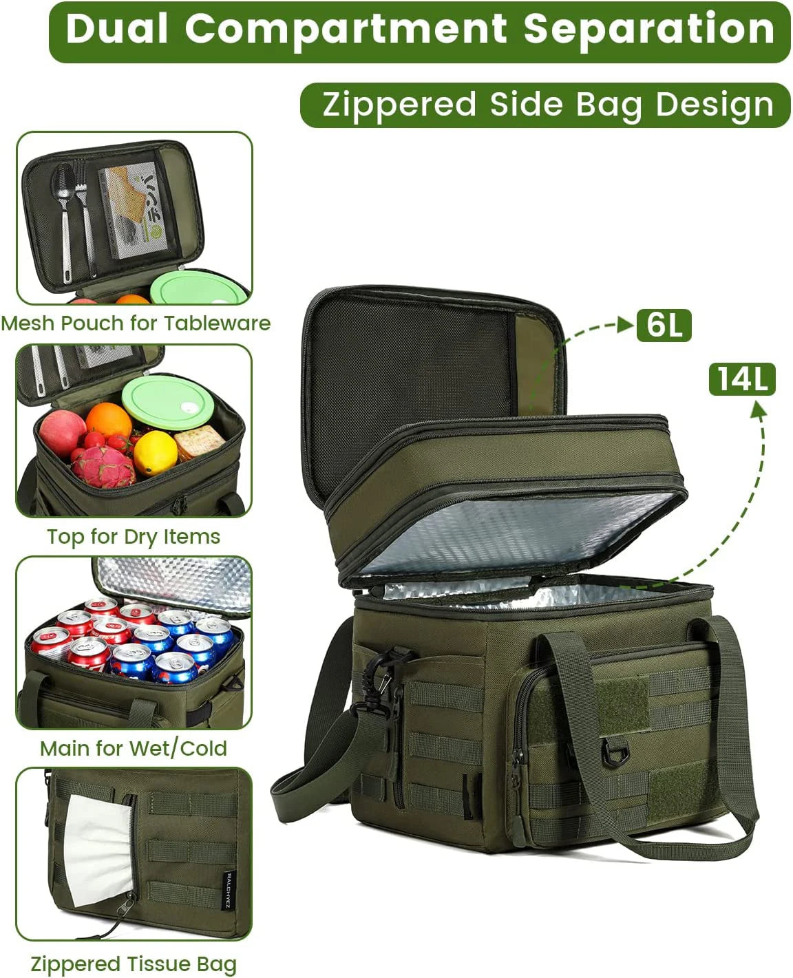 Large Heavy Duty Double Deck Insulated Lunch Box Leakproof Expandable Tote Cooler lunch bag with Shoulder Strap