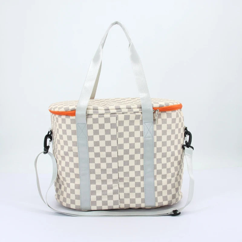 Portable Checkered Cool Beach Insulated Bag Pu Picnic Cooler Bag Large 20L Tote Cooler Box