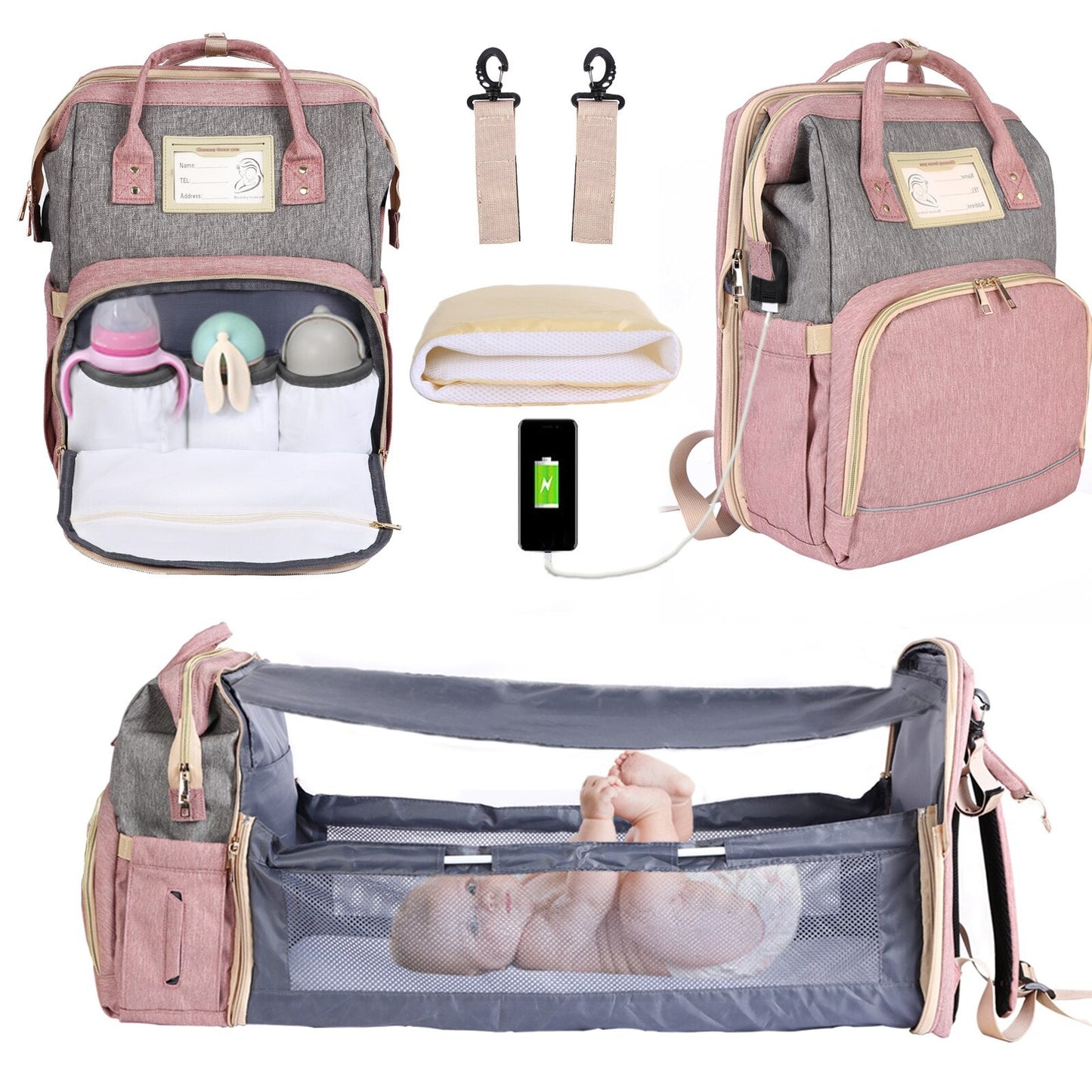 Large Capacity Diaper Bag Backpack Multifunctional Baby Bed Bags Maternity Nursing Handbag Stroller Bag with Hooks Bag