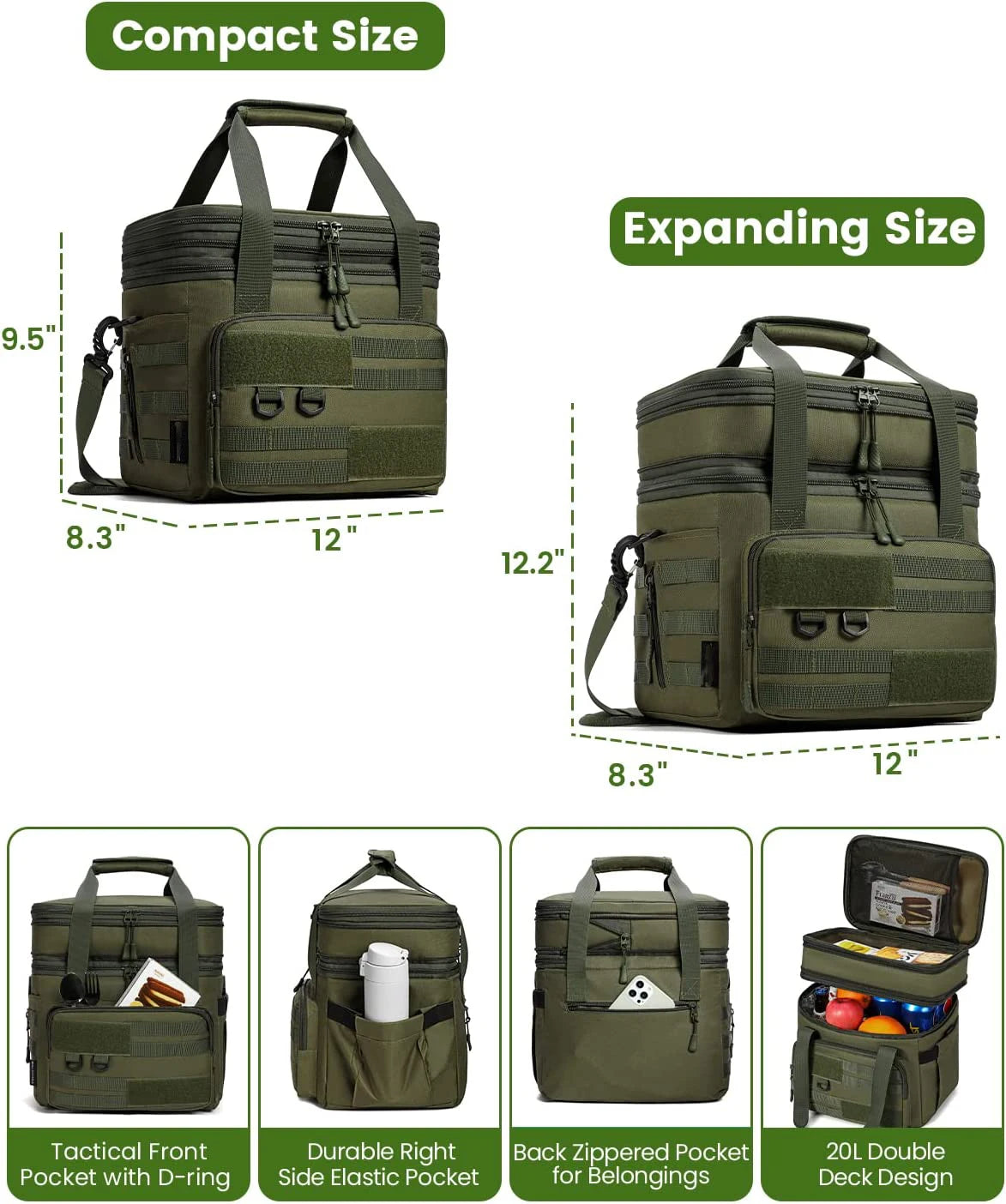 Large Heavy Duty Double Deck Insulated Lunch Box Leakproof Expandable Tote Cooler lunch bag with Shoulder Strap