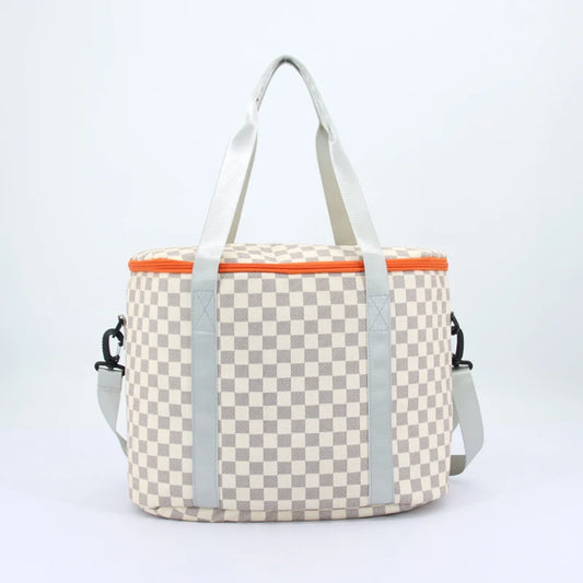 Portable Checkered Cool Beach Insulated Bag Pu Picnic Cooler Bag Large 20L Tote Cooler Box