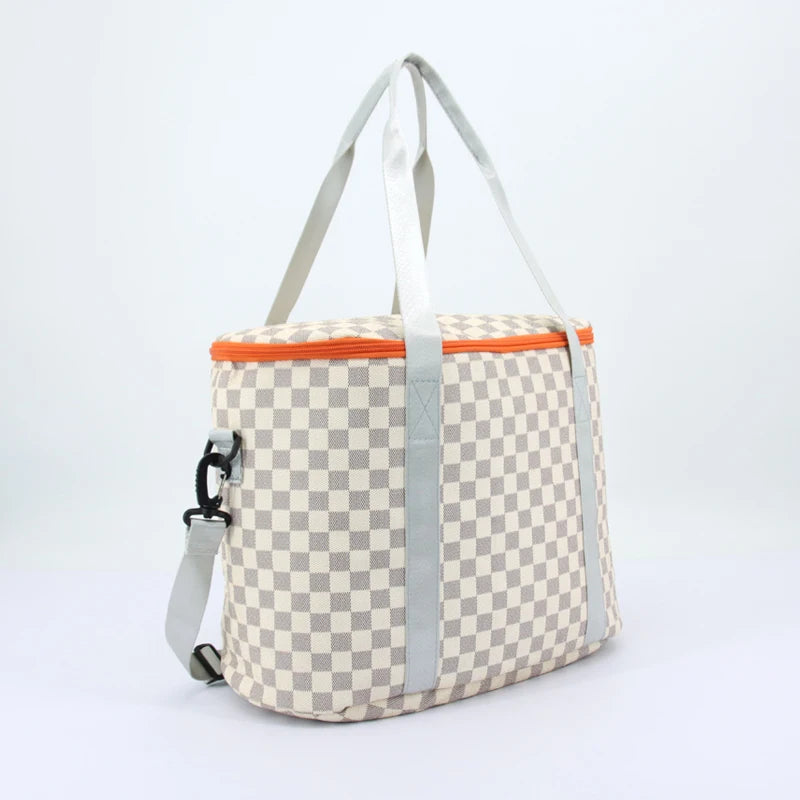 Portable Checkered Cool Beach Insulated Bag Pu Picnic Cooler Bag Large 20L Tote Cooler Box