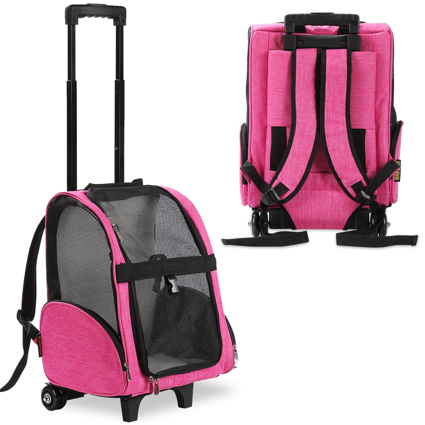 Deluxe Backpack Pet Travel Carrier with Wheels - Approved by Most Airlines - Pink